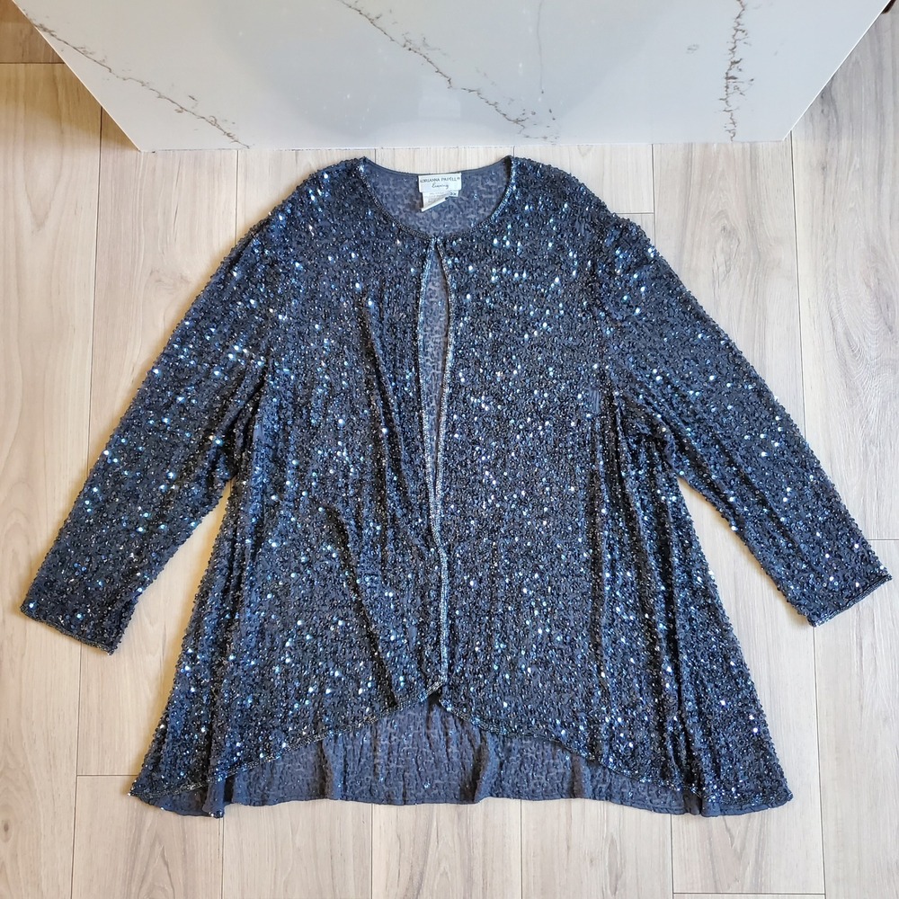 VTG Adrianna Papell Cardigan Womens 3X Black Silk Sequin Evening Shrug Bolero